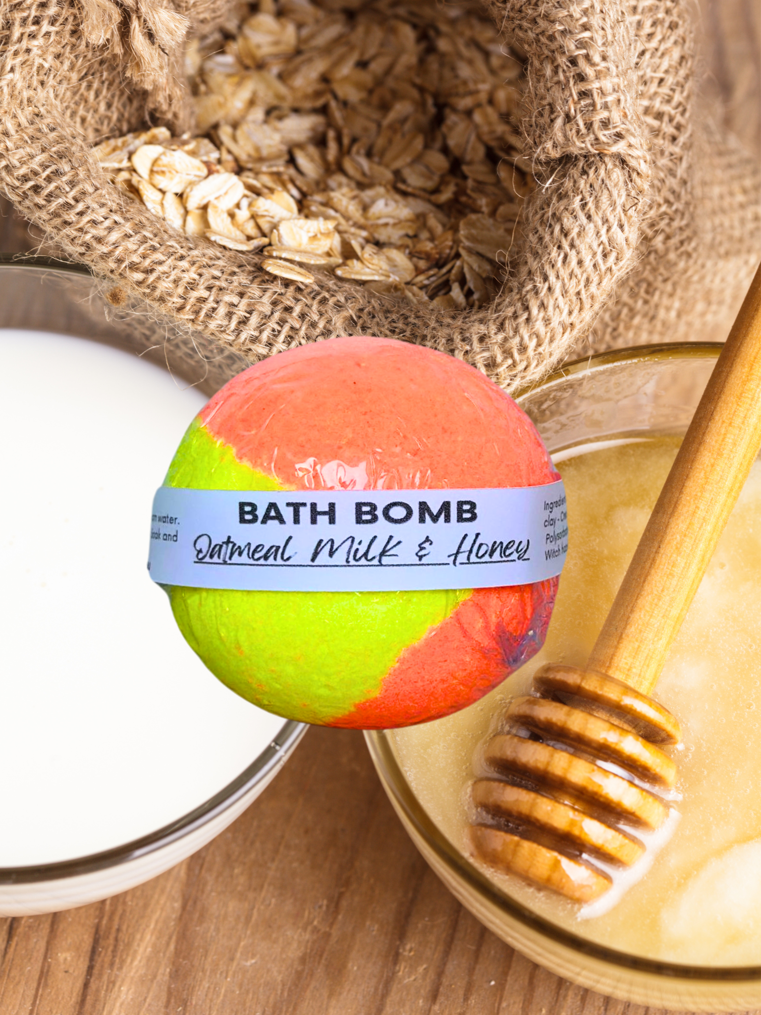 oatmeal milk and honey scented bath bomb round shape fizzy and moisturizing 