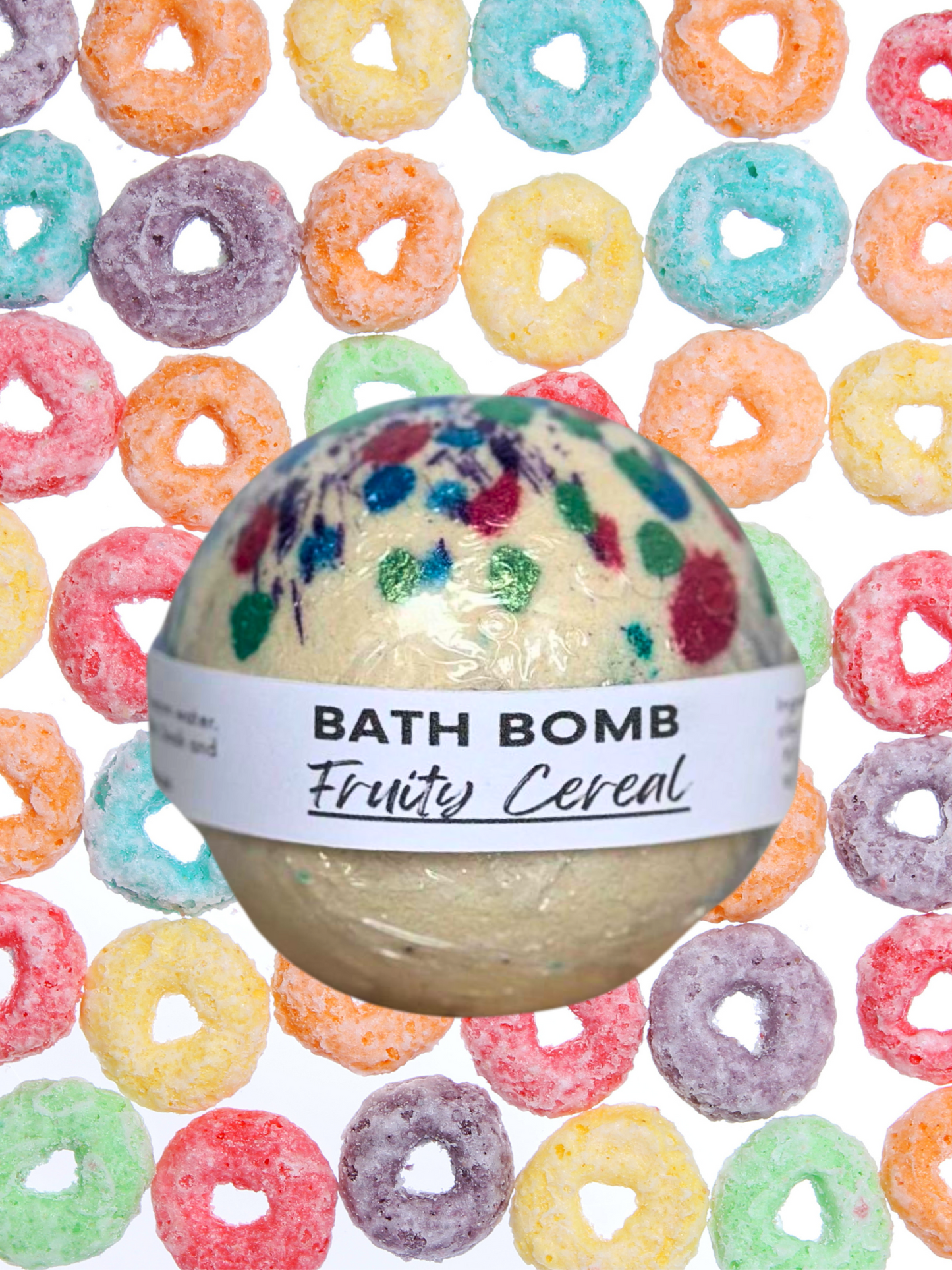 fruity cereal scented bath bomb round shape fizzy and moisturizing  smells exactly like froot loops cereal